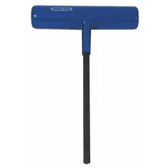 This T-shaped hex key features a 6 mm metric tip size and a 6-inch long arm, constructed from alloy steel with a black oxide finish. It is designed for tightening or loosening fasteners with hexagonal sockets, commonly used in maintenance, assembly, and repair tasks.