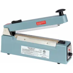 The MIDWEST PACIFIC MP-8C is a tabletop impulse heat sealer designed for sealing polyethylene bags and films. It offers a maximum seal length of 8 inches, a seal width of 1/8 inch, and can handle materials up to 6 mil thick. This unit is suitable for packaging, food service, and industrial sealing tasks.