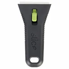 This razor scraper features a blade made of zirconium oxide, providing a non-sparking, non-magnetic, and chemically inert cutting edge. The handle is constructed from carbon steel, GFN, POM, and TPEE with a straight, stiff design. Suitable for cutting, scraping, and trimming in construction, packaging, and industrial settings.
