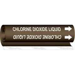 Wrap-around pipe marker for identifying pipes carrying chlorine dioxide liquid. Fits pipe outer diameters from 1/2 to 1-3/8 inches. Brown background with white legend text and directional arrows. Supplied as a single marker.