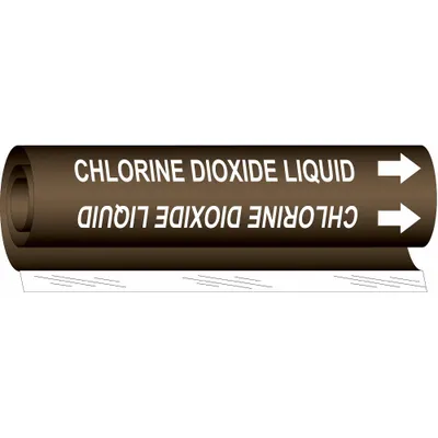 BRADY Pipe Marker: Chlorine Dioxide Liquid, Brown, White, Fits 1/2 to 1 3/8 in Pipe O.D. - Chlorine Dioxide Liquid Wrap-Around Pipe Markers