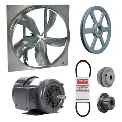 Unassembled belt-drive panel exhaust fan with drive package. Features a 24-inch blade, 1/3 hp motor, and 6039 cfm airflow. Operates on 230/460V AC, 3-phase power with a totally enclosed fan-cooled motor, Class B insulation, and single speed. Zinc-plated steel frame, no intake guards. Suitable for industrial ventilation applications such as removing heat, fumes, and stale air from factories, warehouses, and workshops.