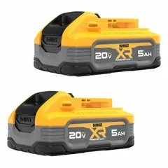 Two 20V MAX* 5 Ah lithium-ion battery packs for powering compatible cordless tools. Each battery provides 5 Ah capacity for extended runtime on job sites. The set reduces downtime by allowing continuous tool operation while one pack charges.
