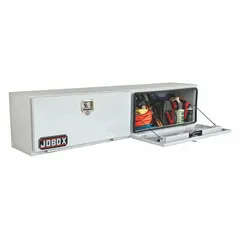 This topside box features double drop-down doors with a rotating T-handle latch and keyed lock for secure storage. Finished in white, it is designed for mounting on truck beds to organize and protect tools and equipment during transport.