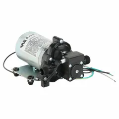 Electric diaphragm pump with polypropylene housing and Santoprene components. Features a demand pressure switch for automatic on/off operation. Self-priming design suitable for sprayer applications requiring liquid transfer or spraying.