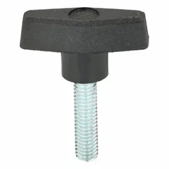 This T-handle knob features a plastic body with a steel threaded stud for manual clamping, positioning, and adjustment on industrial machinery, jigs, and fixtures. Thread size is 3/8"-16 with a 1.5-inch thread length.
