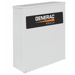 100 A, 120/240V AC automatic transfer switch with 20,000 W maximum watt rating. Steel enclosure, not lockable, compatible with RTS series. Not service rated. Used to automatically transfer electrical loads between primary power and backup generator.