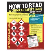 This 22 in x 17 in poster is designed for training on interpreting chemical safety labels. It features a write-on surface for custom notes and is printed in English. No protective coating or frame is included. Suitable for use in industrial facilities to support hazard communication