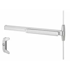 This surface vertical rod push bar from VON DUPRIN features a chrome finish and includes a touchbar and night latch. Designed for doors up to 3 ft wide, it provides egress actuation for commercial applications.