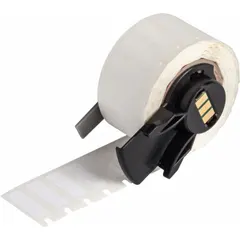 Vinyl wraparound label, black on white, measuring 3/4 in x 1/4 in. Designed for wire gauges 16 AWG to 10 AWG. Compatible with BMP71 printer series and requires M7-R6200 ribbon. Used for identifying wires in electrical panels, machinery, and control systems.
