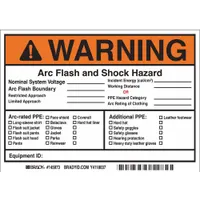 Vinyl adhesive sign (5-pack) with nominal size 5 in x 7 in. Displays arc flash and shock hazard warnings including nominal system voltage, arc flash boundary, and restricted/limited approach distances. Not retroreflective or glow-in-the-dark. Applied via adhesive mounting in areas requiring electrical safety warnings