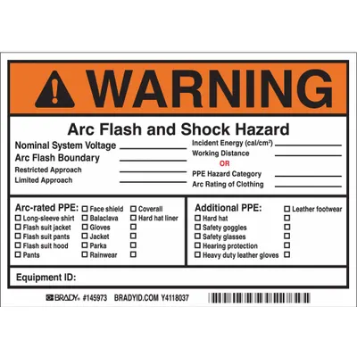 BRADY Permanent Adhesive Arc Flash and Shock Hazard Warning Sign - Warning: Arc Flash and Shock Hazard/Nominal System Voltage/Arc Flash Boundary/Restricted Approach/Limited Approach… etc Signs