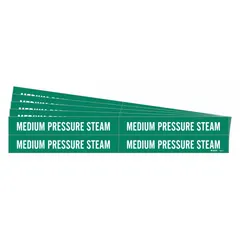 Green adhesive pipe marker with white legend reading 'Medium Pressure Steam'. Fits pipe outer diameters from 3/4 to 2-3/8 inches. Sold in a 5-pack without directional arrows. Used to identify medium pressure steam piping in industrial facilities.