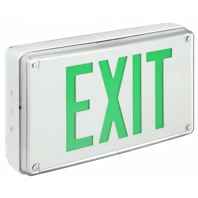 LITHONIA LIGHTING Exit Sign: Green, 2 Faces, Aluminum, Not Battery Powered, 8 1/2 in Overall Ht - Vandal-Resistant Exit Signs