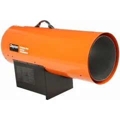 This direct-fired portable gas torpedo heater provides temporary heating for large, open or semi-enclosed areas such as construction sites, warehouses, and workshops. It features a flame-out sensor for safety and measures 18-1/2 in H x 33-3/4 in W x 12-5/8 in D.