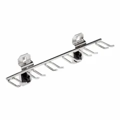 This pronged toolholder is designed for organizing writing instruments on square-hole pegboard. Made of brushed stainless steel with a silver finish, it features one hook with a 1 1/2 in depth and includes ABS retainers to secure tools. Surface-mount installation.