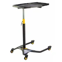 This steel creeper tool tray in black finish measures 29 inches long, 20 inches wide, and 47 5/8 inches high. It provides a stable surface for holding tools and parts while working under vehicles, commonly used in automotive repair and industrial maintenance settings