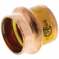 This press-fit cap is used to seal the end of a copper gas line in press-fit piping systems. It features a no-center-stop design, is made of copper, and includes an HNBR O-ring for gas service. Suitable for natural gas or LP gas applications requiring a leak-proof termination