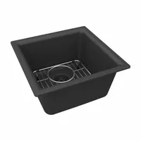 This ELKAY sink is a single-bowl, counter-mounted unit designed for kitchen and bar applications. It has an overall length and width of 15-3/4 inches, a bowl depth of 7-3/4 inches, and a bowl length of 13-1/8 inches. The sink is finished in black and does not include a faucet