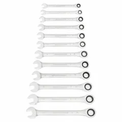 This 12-piece metric wrench set includes sizes from 8 mm to 19 mm, each with a 12-point ratcheting box end for faster fastening in confined spaces. The alloy steel construction with a chrome finish provides corrosion resistance. Suitable for automotive repair, machinery maintenance, and general assembly tasks.