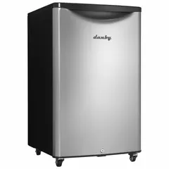 Compact refrigerator with 4.4 cu ft total capacity, automatic defrost, and three shelves. Features a solid swing-hinge door in silver. Operates on 115V AC with a 5-15P plug. Suitable for storing food and beverages in offices, dorm rooms, or break areas.