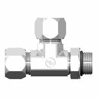 This flareless bite-type steel compression tee fitting from the WEATHERHEAD 7000 Series Ermeto is used to branch tubing lines in hydraulic and pneumatic systems. It creates a leak-tight seal without flaring, suitable for high-pressure applications. The fitting has a 3/8 in OD x 3/8 in Pipe x 3/8 in OD configuration with a 9/16"-18 thread size