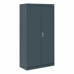 Stationary welded steel cabinet with charcoal powder-coated finish. Includes three fixed shelves and a swing handle with keyed lock. Frame base. Panel thickness 24 ga. Suitable for storage of tools, parts, and supplies in industrial and warehouse settings.