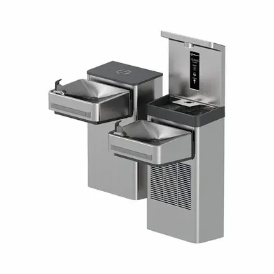 HAWS Drinking Fountain: On-Wall, 8 gph @ 50°F, Push Bar Fountain & Touchless Bottle Filter - On-Wall Two-Level Drinking Fountains with Bottle Fillers