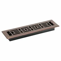 This decorative steel floor register features a rubbed bronze finish and measures 13 1/2 inches in height by 3 3/4 inches in width. Designed for one-way airflow with non-adjustable blades, it is suitable for covering HVAC floor openings in residential or commercial settings where a fixed air return or supply is required.