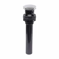 This sink drain features a push-to-open stopper for convenient operation. Constructed of ABS plastic, it has a 2 1/8 in pipe diameter, 9 in overall height, and 2 in overall diameter. Suitable for use in residential or commercial sinks where an overflow is not required
