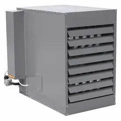 This standard-profile suspended unit heater delivers 125,000 BtuH heating capacity input using propane. It features a propeller fan for air distribution and is field convertible for combustion type. The unit has a 1/2 in NPT male gas connection and overall dimensions of 33-3/4 in x 25-1/4 in x 43-1/2 in. Suitable for heating commercial and industrial spaces such as warehouses, workshops, and garages.