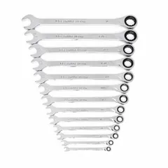 This 13-piece set includes SAE 12-point ratcheting combination wrenches made of alloy steel with a full polish chrome finish. The ratcheting box end allows faster fastener turning without repositioning, suitable for automotive repair, industrial maintenance, and mechanical assembly tasks.