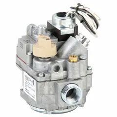 Single-stage, fast-opening standing pilot gas valve with straight-thru design for on/off gas flow control. Rated at 300,000 BtuH, operates on 120V AC, and features a 3/4 in female NPT connection. Suitable for use in industrial heating systems.