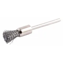 This light-cleaning brush features a crimped steel fill with a 5/16 in diameter and 0.005 in fill diameter, mounted on a 1/8 in shank. It is designed for removing rust, scale, and light burrs from carbon steel surfaces in metal fabrication, maintenance, and finishing applications.
