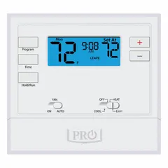 Rectangular push-button thermostat for heat and cool applications. Supports 1H/1C conventional or 2H/1C heat pump systems with manual changeover. Features 5-1-1 programming capability, terminal designation O, and a temperature control range of 44° to 90°F. Mounts horizontally.