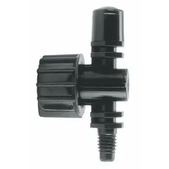 This 360° mister is a drip irrigation emitter that delivers a gentle, adjustable spray pattern. Made of black plastic, it is suitable for watering flower beds, ground covers, and vegetable gardens. Sold as a pack of two.