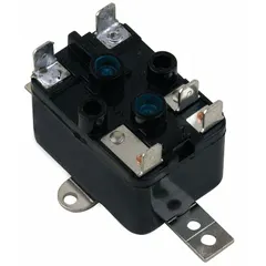 This fan-control relay features a single SPDT contact form with both normally closed and normally open configurations. The 277V AC coil makes it suitable for switching fan motors or other HVAC equipment in commercial and industrial environments.