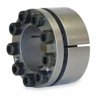 This inch-system keyless bushing uses a multi-screw locking assembly to mount components such as sprockets, pulleys, or couplings onto a shaft without keys or keyways. It is constructed from carbon steel with no flange, providing a secure concentric connection for power transmission applications