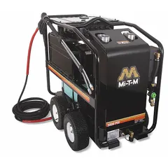 This hot water pressure washer operates on 230 V single-phase power, delivering 3000 psi at 3.5 gpm with an 8 hp motor. It features a belt-driven pump and a kerosene burner for heated water output, suitable for removing grease, oil, and grime from equipment and surfaces in industrial settings.