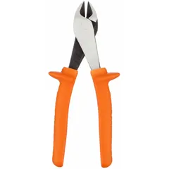 Standard-cut insulated diagonal-cutting pliers with angled, oval jaw design. Jaw length 7/8 in, jaw width 1 1/4 in. Used for cutting ACSR cable and general wire cutting in confined spaces. Insulated handles provide protection during manual operation.
