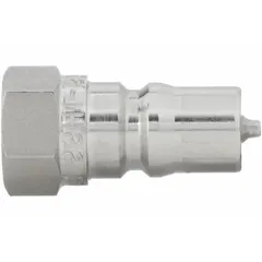 This ISO B Series hydraulic quick-connect coupling plug is constructed from 316 stainless steel with a fluorocarbon seal. It features a 1/8"-27 female NPTF thread for secure connections in hydraulic systems, pressure testing, and fluid transfer applications requiring corrosion resistance.