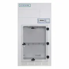 Bench-top or free-standing fingerprint fuming system with powder-coated polypropylene housing. Includes polypropylene base/stand and work surface. Used for developing latent fingerprints on non-porous surfaces via cyanoacrylate fuming in forensic applications.