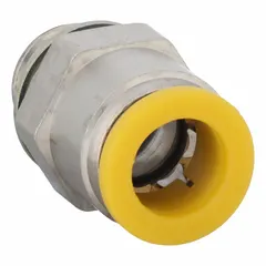 Nickel-plated brass tube fitting with push-to-connect and BSPP threaded ends. Connects 10 mm OD tubing to 1/4 in BSPP ports. Suitable for pneumatic and low-pressure fluid systems requiring quick, tool-free assembly.