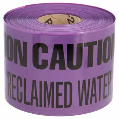 This purple polyethylene tape is printed with the message 'Caution Buried Reclaimed Water Line Below'. It is used to mark the location of buried reclaimed water lines, providing a visible warning to excavators during digging or construction. The tape is 1,000 ft in length.