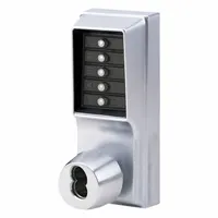 Mechanical push button lockset for keyless entry in commercial and industrial settings. Chrome finish. Operates without keys or batteries, using a push-button code for access. Suitable for offices, warehouses, and restricted areas requiring low-maintenance security