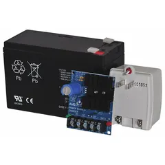This power supply kit converts 115V AC input to selectable 6, 12, or 24 VDC output at 1.2A. It includes a 7A backup battery and is housed in a phenolic/fiberglass enclosure. Suitable for powering access control systems, security devices, and industrial control panels requiring multi-voltage DC output.
