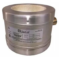 Aluminum-housed heating mantle for round-bottom flasks. 500 W maximum wattage, 400°C maximum temperature. Includes 4 ft 2-wire cord with locking connector. Controller required (not included). Suitable for chemical synthesis, distillation, and reflux applications requiring uniform heating.