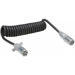 Coiled power cord with die-cast plugs, 12 ft wire length, 12 ft overall length. Compliant with J2222/J560B standards. Used for supplying power to truck and trailer lighting systems in fleet maintenance and commercial vehicle applications.