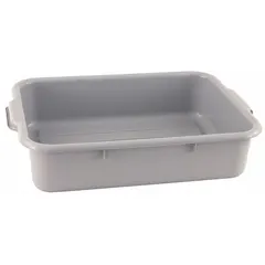 This gray plastic bus tub from CRESTWARE measures 5 inches in height, 16 inches in width, and 22 1/2 inches in length. It is NSF Certified for use in commercial foodservice environments. Commonly used for transporting, storing, and washing dishes, glassware, and utensils.
