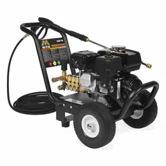 Gas-powered cold water pressure washer on a cart, delivering 3000 psi at 2.4 gpm. Rated for 20 hours of use per week. Suitable for cleaning equipment, machinery, buildings, and outdoor surfaces in industrial, agricultural, and commercial settings.